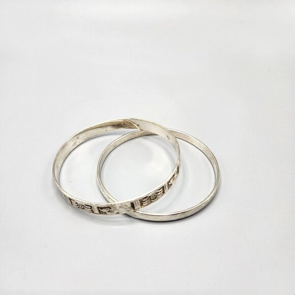 Sterling Silver Bangle Bracelets 925 Taxco Mexico Pair Panel Plain Handmade - Picture 2 of 15